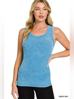 Zenana WASHED RIBBED SCOOP NECK TANK TOP
